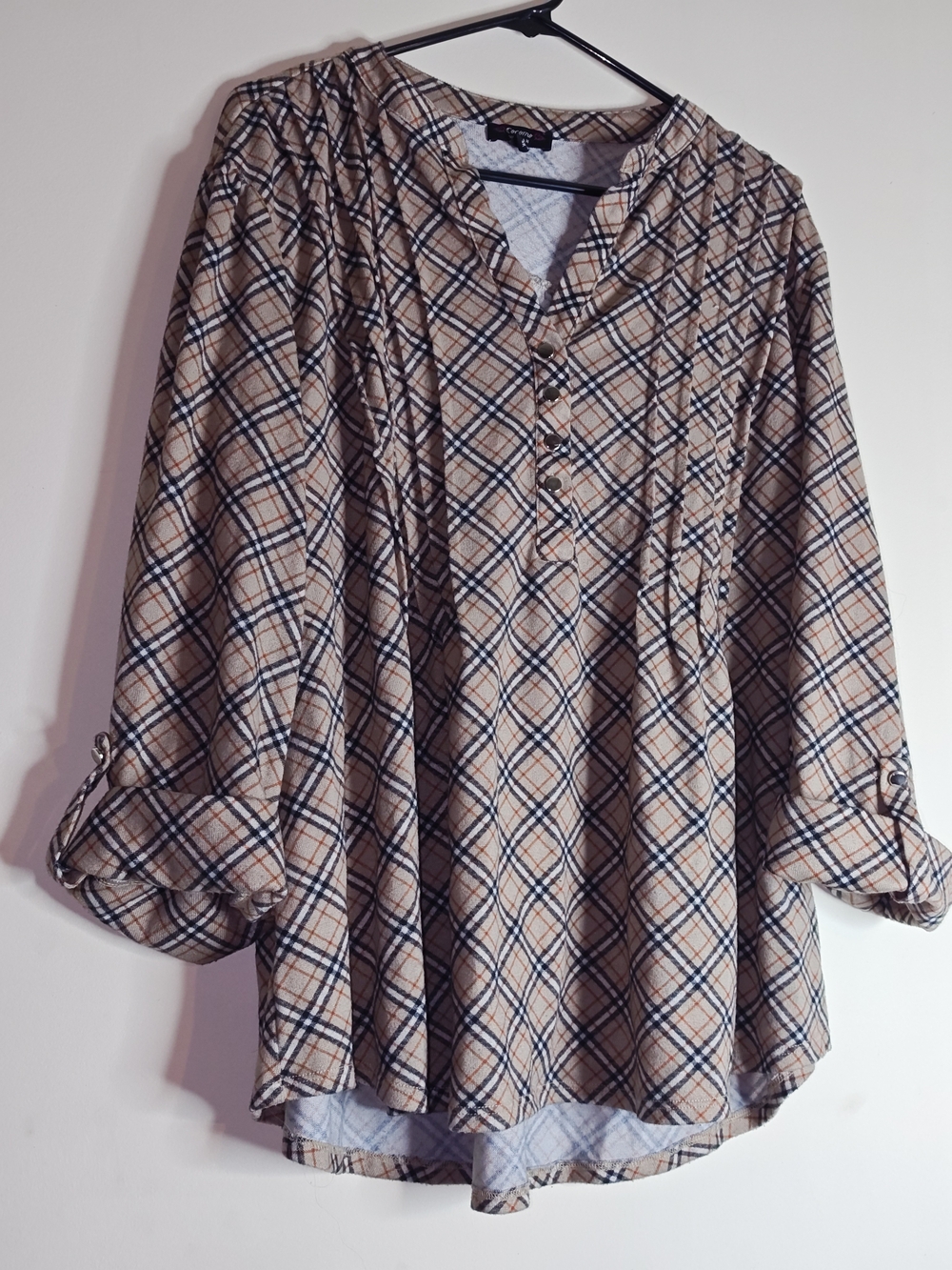 Cocomo Beige Plaid Button-Neck Tunic Top